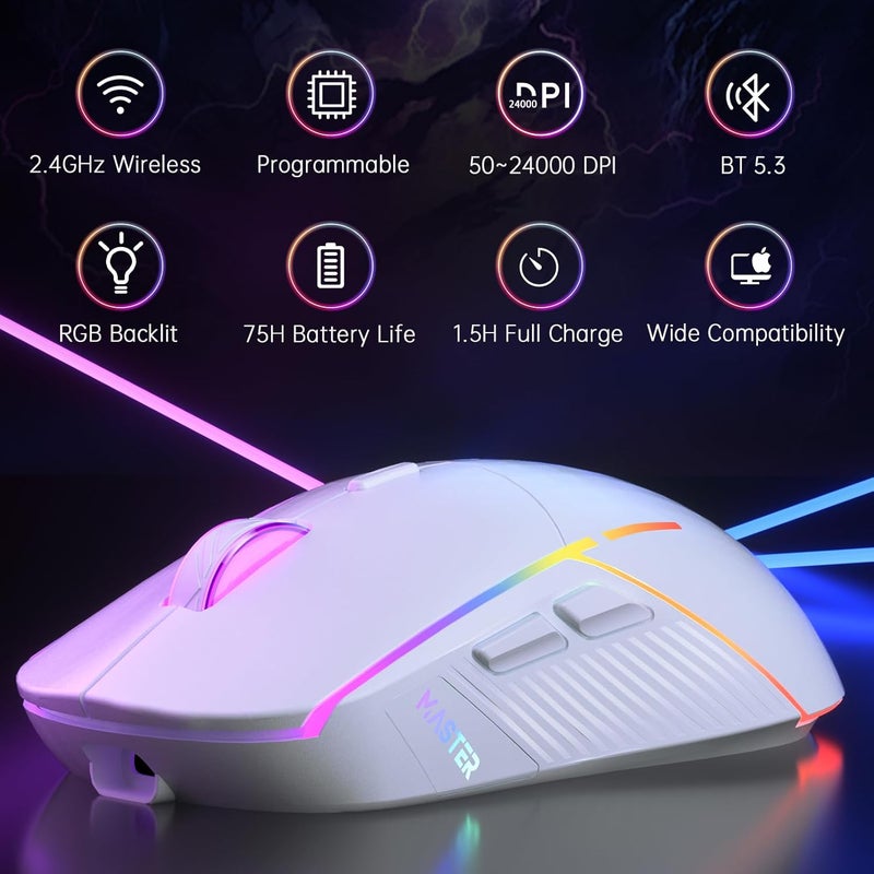 FFJ Wireless Gaming Mouse, 24000 DPI, Tri-Mode 2.4G/USB-C/Bluetooth 5.3 Gaming Mouse Wireless, RGB Programmable Mouse Gamer, 75Hrs Battery Life, Rechargeable Gaming Mice for PC, Mac, PS5, Xbox - White - Image 2